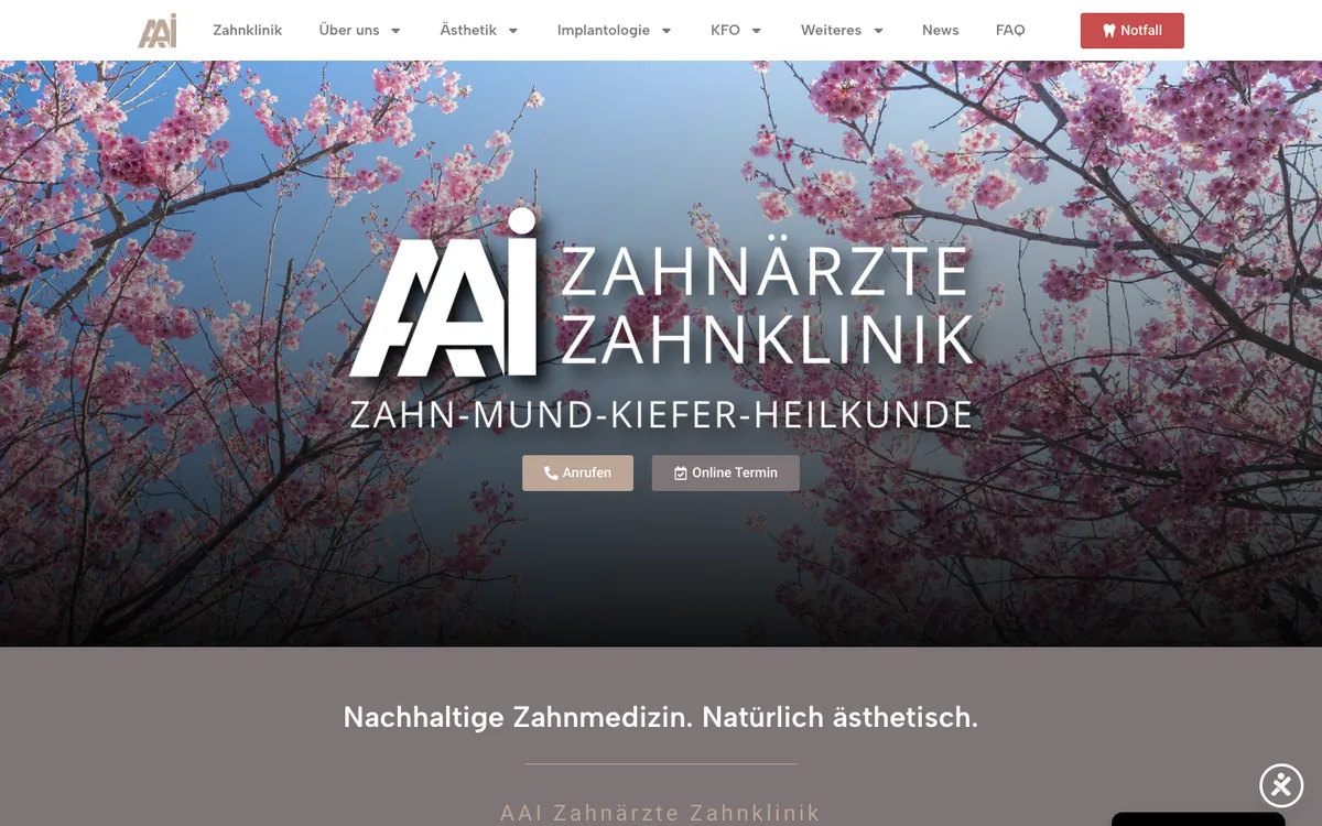 Startseite der AAI Zahnärzte Zahnklinik mit Kirschblüten und Logo